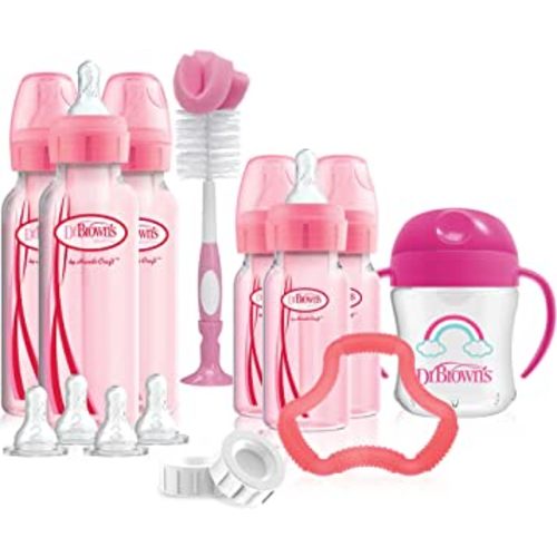 Dr. Brown's Natural Flow Anti-Colic Options+ Special Edition Pink Baby Bottle Gift Set with Soft Sippy Spout Transition Cup, Flexees Teether, Bottle Cleaning Brush and Travel Caps
