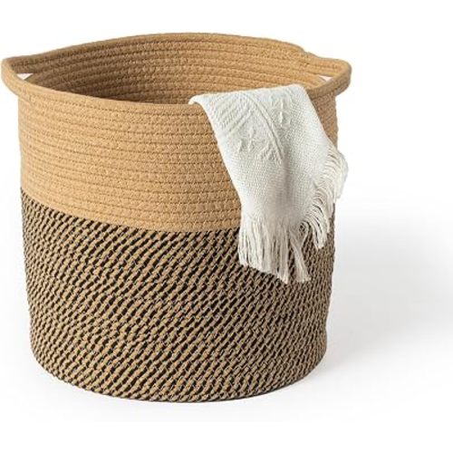 Woven Laundry Basket, 17L Cotton Rope Nursery Hamper for Baby – Tall Blanket & Toy Storage Bin for Living Room Bedroom Bathroom, Collapsible, Brown, 11" Dia × 11"H