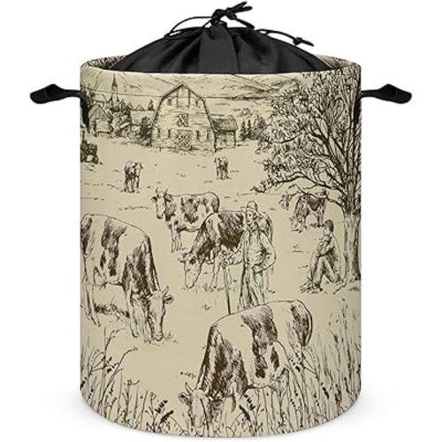 Vintage Farmhouse Foldable Laundry Basket,Town Farm Cow Design For Blanket Dirty Clothes For Bathroom Bedroom 13.8"W x 17.3"H