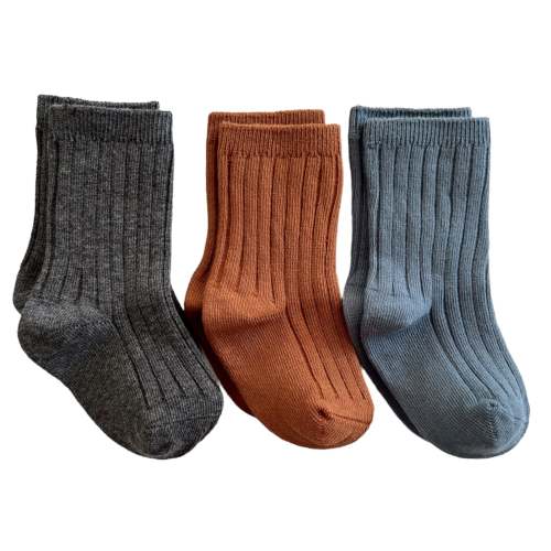 3-Pack Basic Ribbed Socks, Charcoal, Cinnamon, Blue
