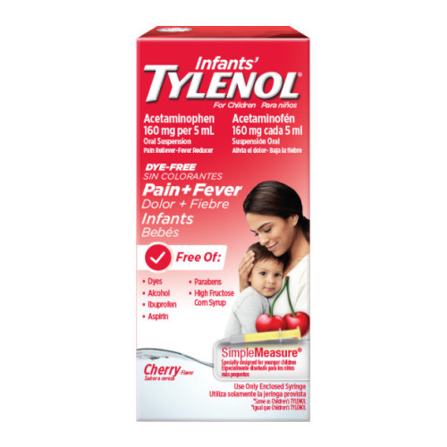 Tylenol Infants Oral Suspension Liquid Medicine with Acetaminophen, Baby Fever Reducer & Pain Reliever for Minor Aches & Pains, Sore Throat, Headache & Teething Pain, Dye-Free Cherry, 1 fl. oz - Cherry (Dye-Free)