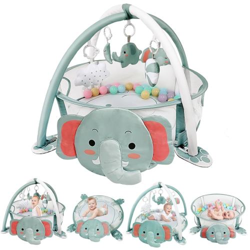 dearlomum 4-in-1 Baby Play Mat Baby Gym,Tummy Time Mat for Floor Activity Gym Ball Pit Including 30 Balls with 5 Infant Learning Sensory Baby Toys for Newborn Toddler Boy & Girl Gifts(Elephant)