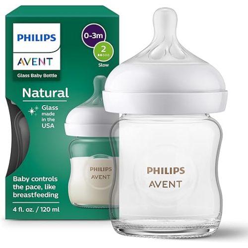 Philips Avent Natural Glass Baby Bottles with Natural Response Nipples (Slow Flow, Flow 2), 4oz, 3-pack, SCY910/03