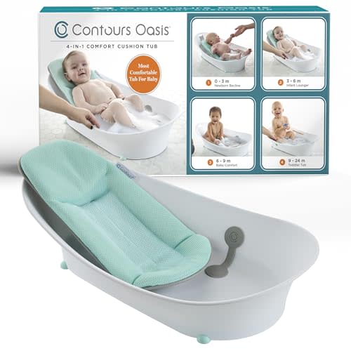 Contours Oasis 4 in 1 Comfort Cushion Baby Bathtub, Portable Infant Bath Seat, Supportive for Newborns and Toddlers 0-24 Months, Grow with Me Design, Quick Dry Mesh Pad, Easy to Clean, Blue/White