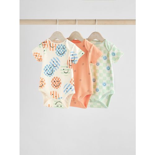 Blue/White/Orange Happy Face Short Sleeve Baby Bodysuits 3 Pack