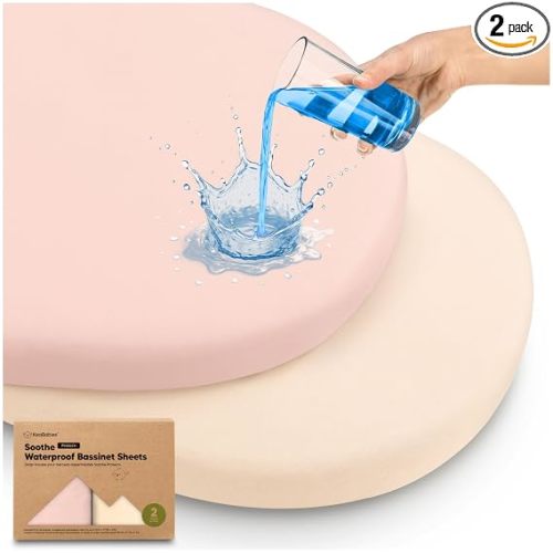 2pk Waterproof Bassinet Sheets Girls, Boys 33x17 Universal Fit (Cameo) | Cotton, Bassinet Mattress Pad Protector Cover, Compatible with Graco,Baby Delight,Chicco,Halo Bassinest Swivel Sleeper Fitted
