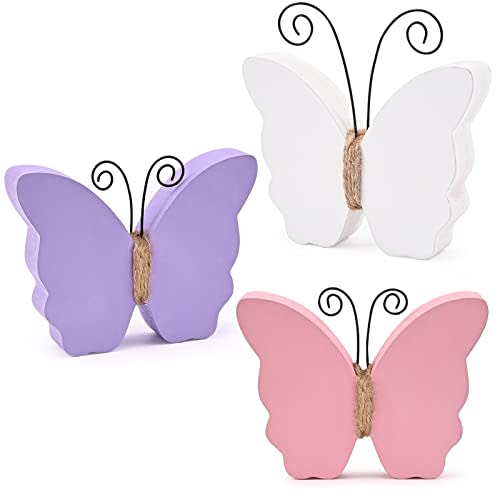 MEKOUZON Butterfly Decorations for Home, Set of 3 Rustic White Pink Purple Butterfly Decorative Accessories, Decorative Trays, Farmhouse Spring Ornaments for Tiered Tray, Shelf, Fireplace, Table Decor