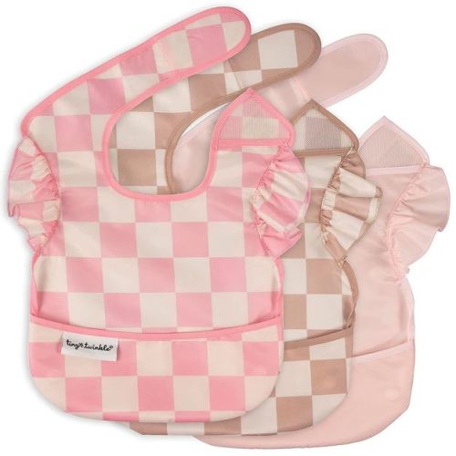 Tiny Twinkle Mess-Proof and Waterproof Baby Food Bib for Boys or Girls, Machine Washable and BPA-Free w/Adjustable Closure (3-Pack, Checkers Girl)
