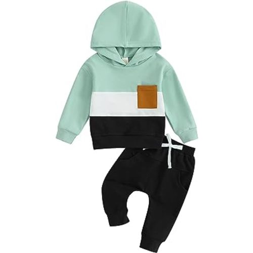 Ynibbim 0-3T Toddler Boys 2PCS Sweatshirt Patchwork Hoodie Fall Outfits Long Sleeve Contrast Color Tops Drawstring Pants Sets