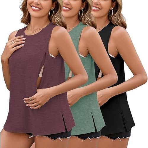 Ecavus Women's 3-Pack Nursing Tank Tops Hidden Zippers Sleeveless Breastfeeding Shirts Loose Fit Maternity Tops