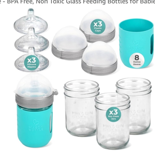 Mason Bottle Baby Glass Bottles Gift Set - Includes 3X Anti Colic Glass Baby Bottle 8 oz, 3X Slow Flow Nipple, 3X Cap+Ring, 1x Silicone Sleeve - BPA Free, Non Toxic Glass Feeding Bottles for Babies