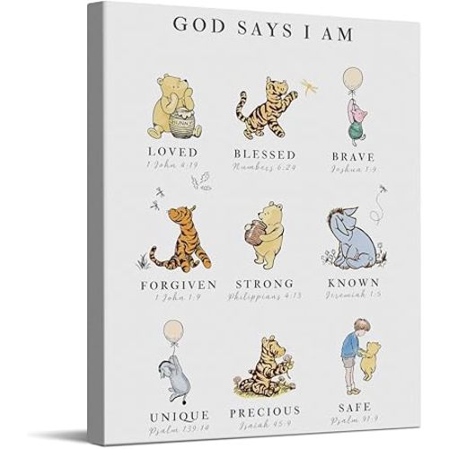 CYFDYVT Classic Winnie the Pooh Inspirational Quote Wall Art God Says I AM Biblical Affirmation Canvas Painting Pictures Wall Decor For Home Nursery Kids' room Sign Artwork Ready to Hang 8x10 Inch
