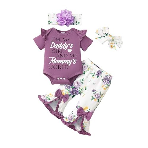 SUNNY PIGGY Newborn Baby Girl Clothes Infant Outfits Romper Floral Fall Outfit Bell Bottoms Pant Sets Hat Headband Flowerpant