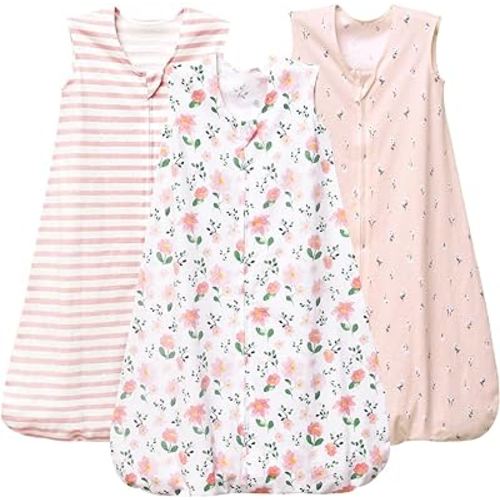 PHF Baby Sleep Sack 6-12 Months 3 Pack 100% Cotton Baby Wearable Blanket, 2-Way Zipper 0.5 TOG Toddler Sleeping Sack, Comfy Sleep Bag for Baby Girls, Pink Floral (Medium)