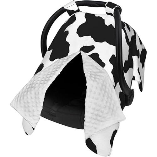 9CH Car Seat Covers for Babies, Peekaboo Opening Minky Car Seat Cover for Baby Mom Nursing Breastfeeding Covers, Winter Minky Baby Carrier Cover for Girls Boys (Cow)