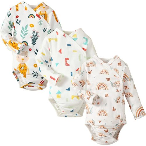 DEFAHN Baby Side Snap Bodysuit Kimono Onsies Newborn Boy Girl 3-Pack 100% Cotton Basic Pattern Kimono Bodysuits