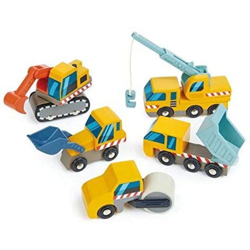 Tender Leaf Toys - Construction Site - Four Heavy Vehicles with Crane Truck, Road Roller, Dump Truck and Front Loader - Build Your Own Construction Site and Develops Fine Motor Skills for Children 3+