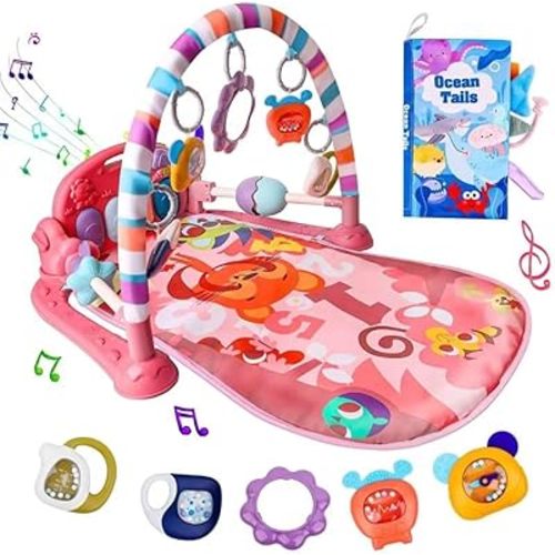 VZO Baby Gyms Play Mats, Infant Play Mat and Activity Gym, Baby Play Piano Gym Mat, Play Mats for Babies Newborns and Toddlers, Tummy Time Activity Mat Toys 0-3-6-12 Months (Pink)