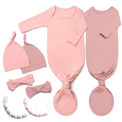 Noah Baby 2-Pack Luxurious Newborn Knotted Gown Set - Ultra-Soft Long Sleeve Gown for Baby with Hat, Headband & Pacifier Clip
