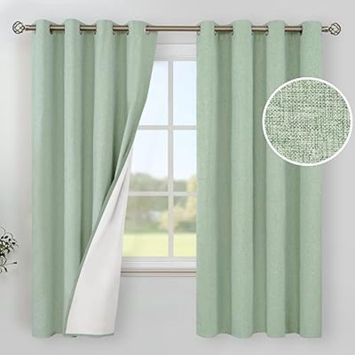 YoungsTex Light Green Linen Blackout Curtains for Bedroom/Farmhouse 63 Inches Long - Grommet Full Room Darkening Drapes for Living Room Thermal Insulated Window Blinds, 2 Panels, 52 X 63 Inch