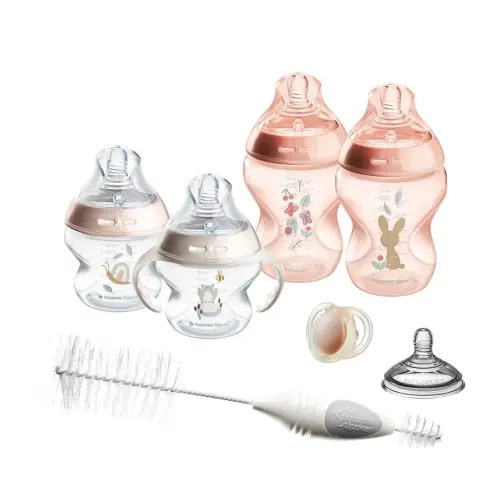 Tommee Tippee Natural Start 12 Piece BPA Free Bottle Set, Includes 2 x 5 oz, 3 x 9 oz, 1 x 11 oz bottles, Newborn 0+ months, Slow, Medium & Thicker Flow Breast-Like Nipples, Cleaning Brush, Pink