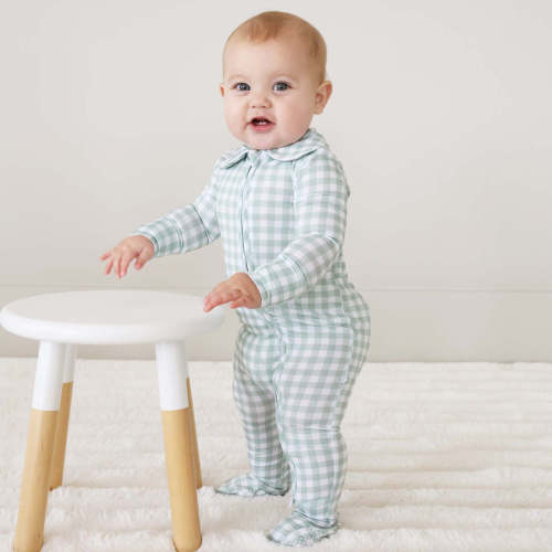Peter Pan Collar Zipper Footie | Moss Gingham 0-3