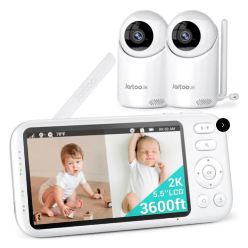 Jartoo Best Baby Monitor No WiFi Video with 2 Camera 2K Screen Audio AI Cry Detect