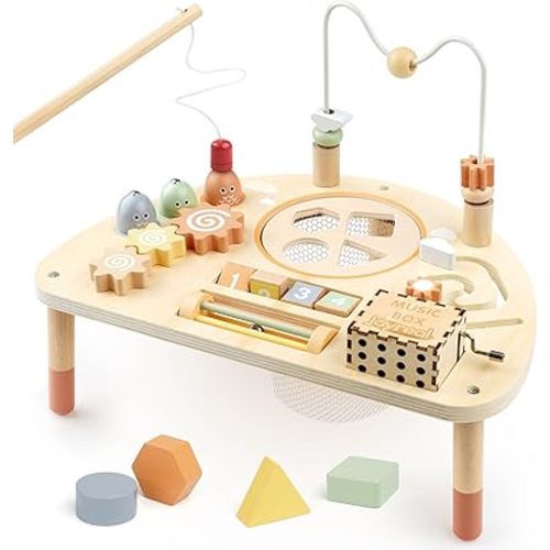 Joyreal Activity Table Busy Board for 1 Year Old, Toddler Activity Table with Fishing Game, Bead Maze, Shape Sorter, Montessori Activity Center for Boys Girls
