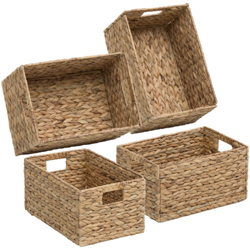 Bayou Breeze Rectangular Natural Water Hyacinth Hand Woven Rattan Wicker Storage Basket Set With Iron Wire Frame | Wayfair