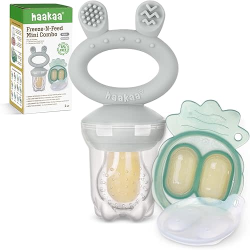 Haakaa Baby Fruit Food Feeder & Mini Freezer Nibble Tray Combo, Breastmilk Popsicle Molds for Baby Cooling Relief, BPA Free Silicone Feeder for Safe Infant Self Feeding, 4 Month+ (Slate Grey)
