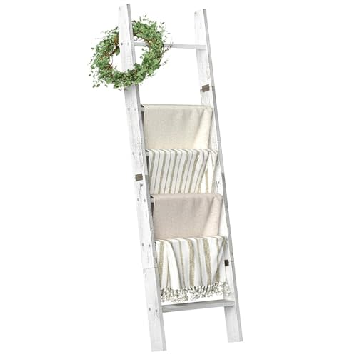 Honest Blanket Ladders for The Living Room, 6-Tier Blanket Holder, Wall-Leaning Blanket Rack, Ladder Shelves, Wooden Quilt Ladder, Farmhouse Decor, White