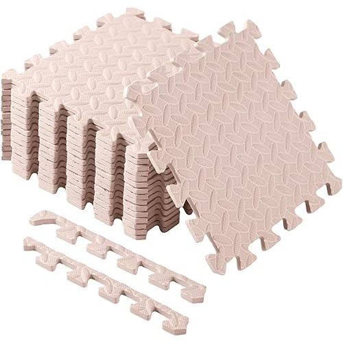 Shihanee Foam Floor Baby Tiles Foam Floor Mats Play Mats Bulk with Borders Interlocking for Kids Baby Playroom Nursery Gym (Beige,16ft)