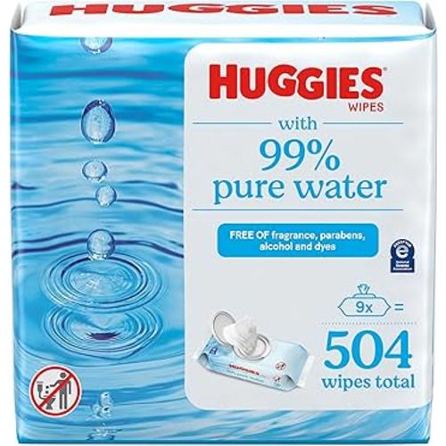 Huggies 99% Pure Water Baby Wipes, Unscented, 9 flip-top packs (3 Packs of 3), 504 Wipes Total, Packaging May Vary