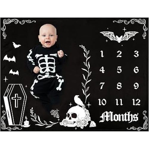 Baby Monthly Milestone Blanket Gothic Baby Month Blanket Goth Nursery Decor for Boys Girls Monthly Year Bat Photo Fleece Prop Stuff Background 50 X 40 in Halloween Shower Decorations