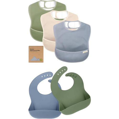 Keababies 3-Pack Waterproof Baby Bibs for Eating and 2-Pack Baby Silicone Bibs - Lightweight Baby Bib with Food Catcher - Waterproof, Easy Wipe Silicone Bib for Babies, Toddlers