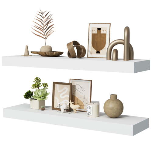 Jouetondream 24X6 White Floating Shelves for Wall, Wood Hanging Shelves up to 20lbs for Bedroom, Bathroom, Kitchen(Set of 2)