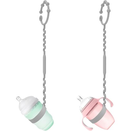 Keep Bottles and Sippy Cups Off the Floor with Sippy Cup Strap - Food Grade Silicone Bottle Bungee for High Chair, Stroller & More - Great for Babies and Toddlers - Grey, 2Pack