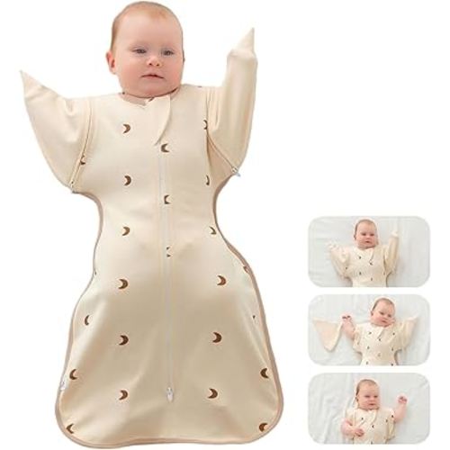 Baby Transition Swaddle Sack Removable Sleeve Arms Up Swaddle Self-Soothing 2-Way Zipper 100% Cotton Beige Moon Medium 3-6 Months