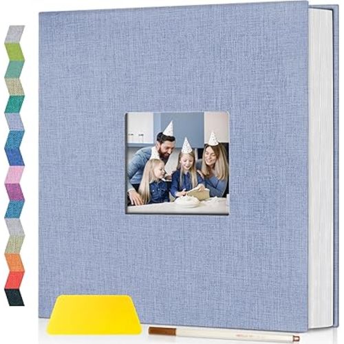 popotop Photo Album Self Adhesive with Picture Display Window,40 Pages DIY Scrapbooking Supplies Kit for 4x6 8x10 Picture,Linen Cover Memory Book for Baby Wedding, with Scraper and Metallic Pen