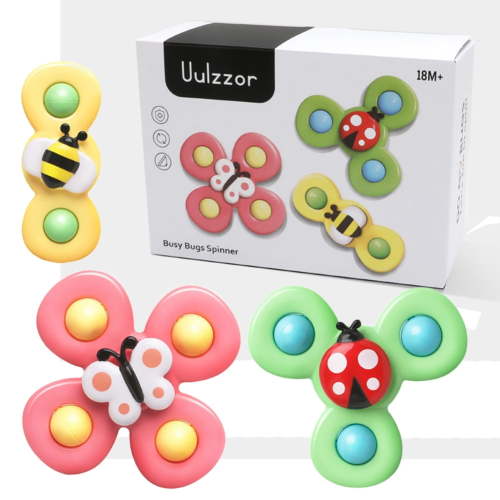 URMAGIC 3PCS/Set Cartoon Suction Cup Spinner Toys Fidget Toys for Kids Age 1+, Bee Butterfly Beetle Spinner Toys