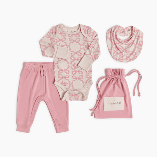 Tiny Kind Bamboo 3-Piece Outfit Set-Long Sleeve Bodysuit, Pants & Bib - Pink Bows, Nb