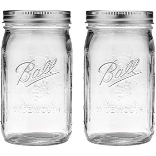 Ball Wide Mouth Glass Mason Jars with Lids and Bands, Used for Canning, Pickling, Juice, Jam, Jelly, Quart Size 32 Ounce (Pack of 2)
