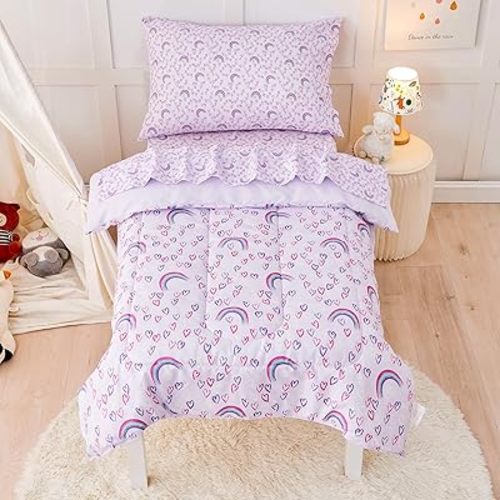 Toddler Bedding Set for Girls, 4 Piece Bed-in-a-Bag Toddler Comforter Sets, Super Soft and Comfortable Microfiber Toddler Bed Set, Rainbow Printed