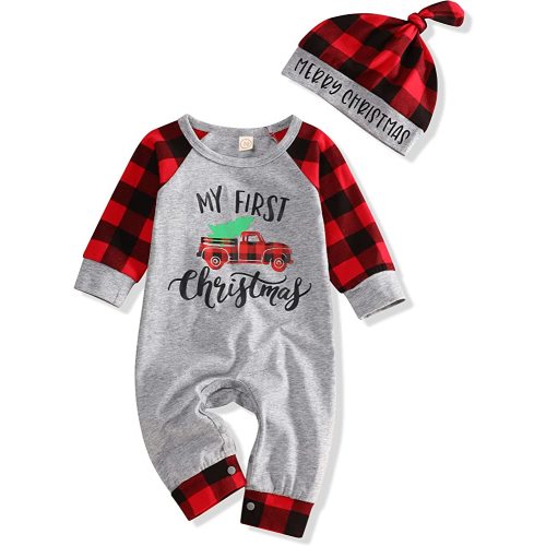 Hipea My 1st Christmas Baby Boy Outfit Merry Christmas Romper Plaid Sleeve Jumpsuit Infant One-piece Clothes