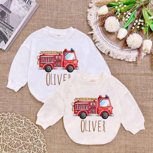 Personalized Fire Truck Baby Romper, Cute Custom Name Firefighter Bodysuit, Boho Natural Kids Youth Tee, Pregnancy Announcement Shirt