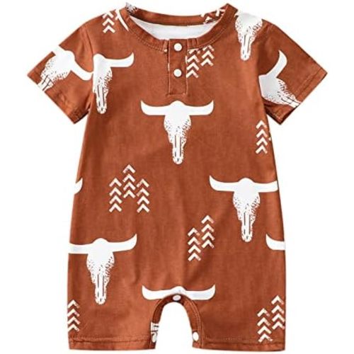 Newborn Baby Boy Summer Jumpsuit Cow Head Print Short Sleeve Romper One-Piece Bodysuit Outfit 0-24 Months