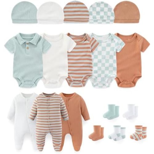 Baby Boy Girl Layette Set 18 Piece Infant Essentials Must Haves Clothes 0-12 Month Rompers+Bodysuits+Hats+Socks