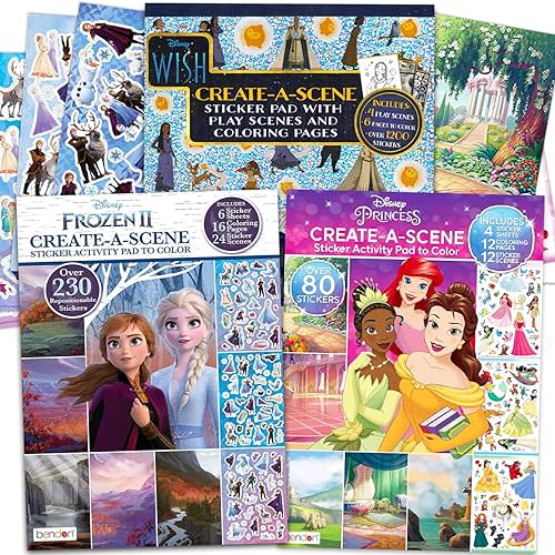 Disney Create a Scene Activity Books - Princesses, Wish, and Frozen Bundle of 3 Sticker Pads with 1,500+ Stickers Plus Coloring Pages | Sticker Books for Girls