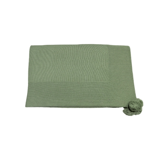 Knit Baby Blanket with Pompoms, Sage