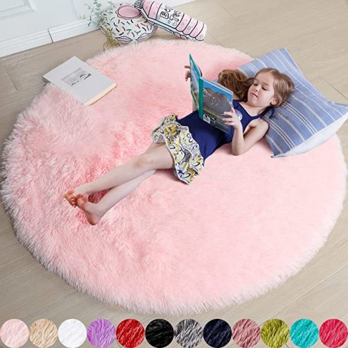 Amdrebio Light Pink Round Rug 4Ft for Girls Bedroom, Fluffy Circle Area Rugs for Kids Room Decor Aesthetic, Cute Shag Fuzzy Carpet for Nursery, Preppy Dorm, Classroom, Playroom, Teen, Baby, Washable